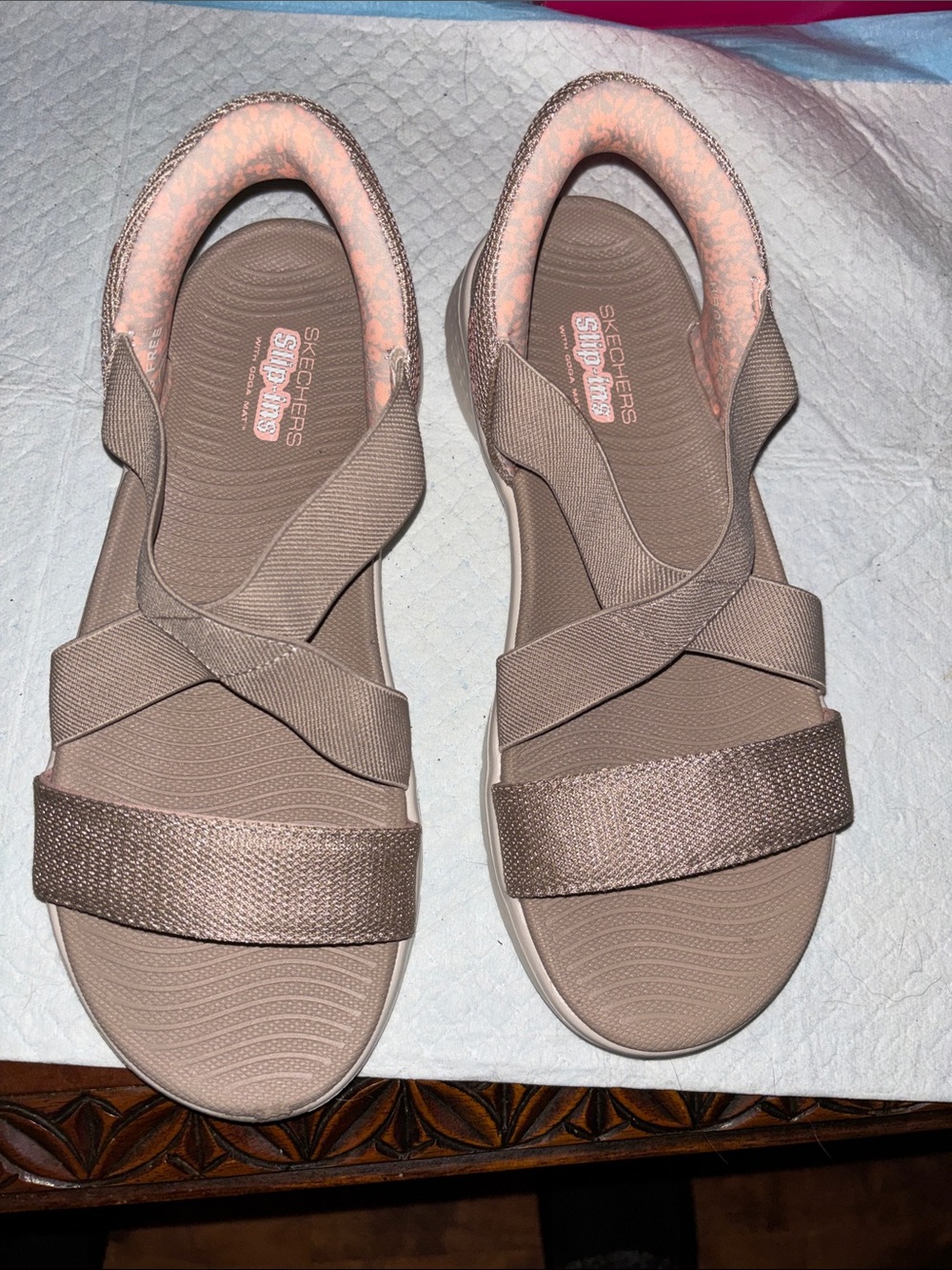 Skechers Lightweight Taupe Strappy Sandals with Pink Accents. Hands free step in